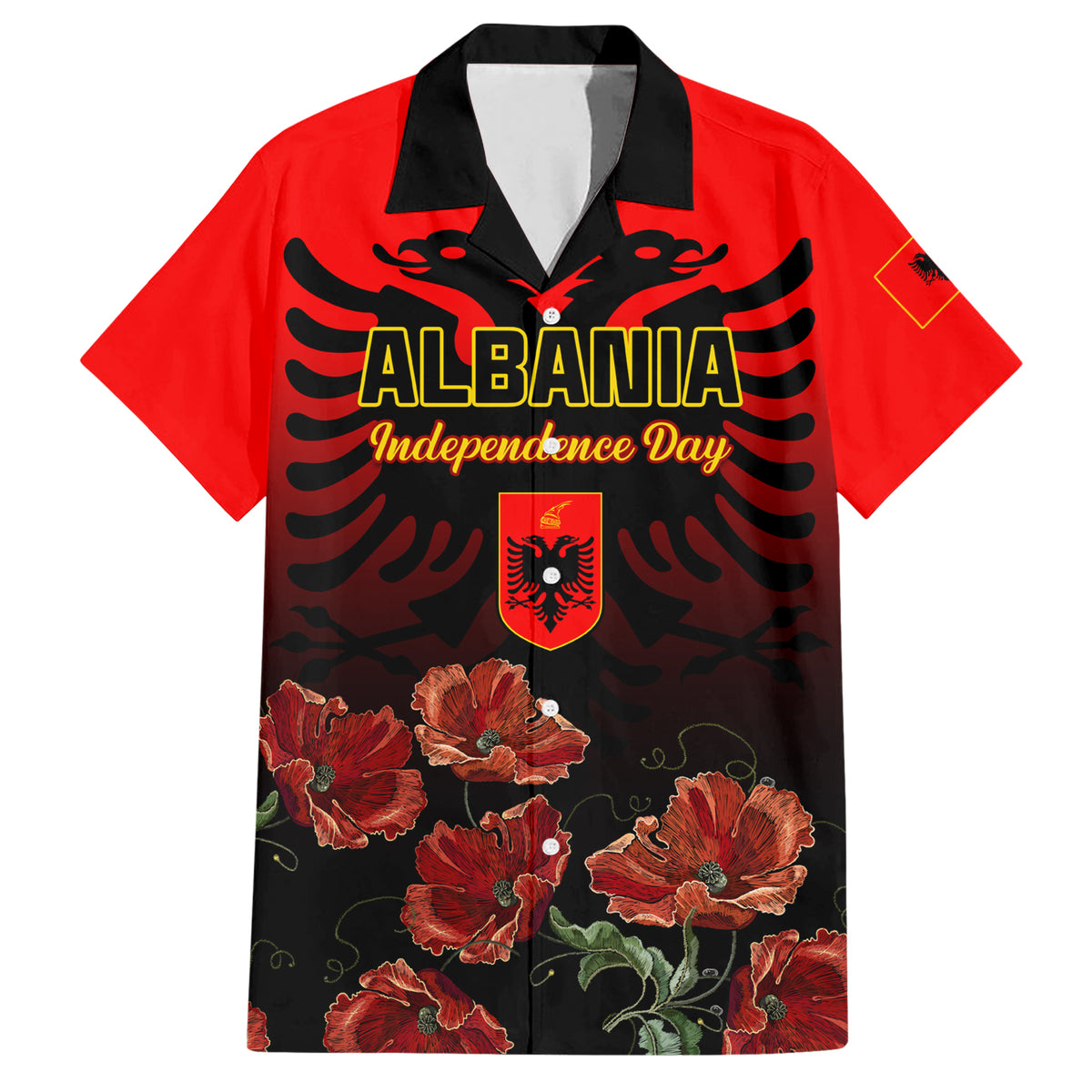 Personalised Albania Independence Day Hawaiian Shirt Albanian Coat Of Arms With Red Poppy Flower - Wonder Print Shop