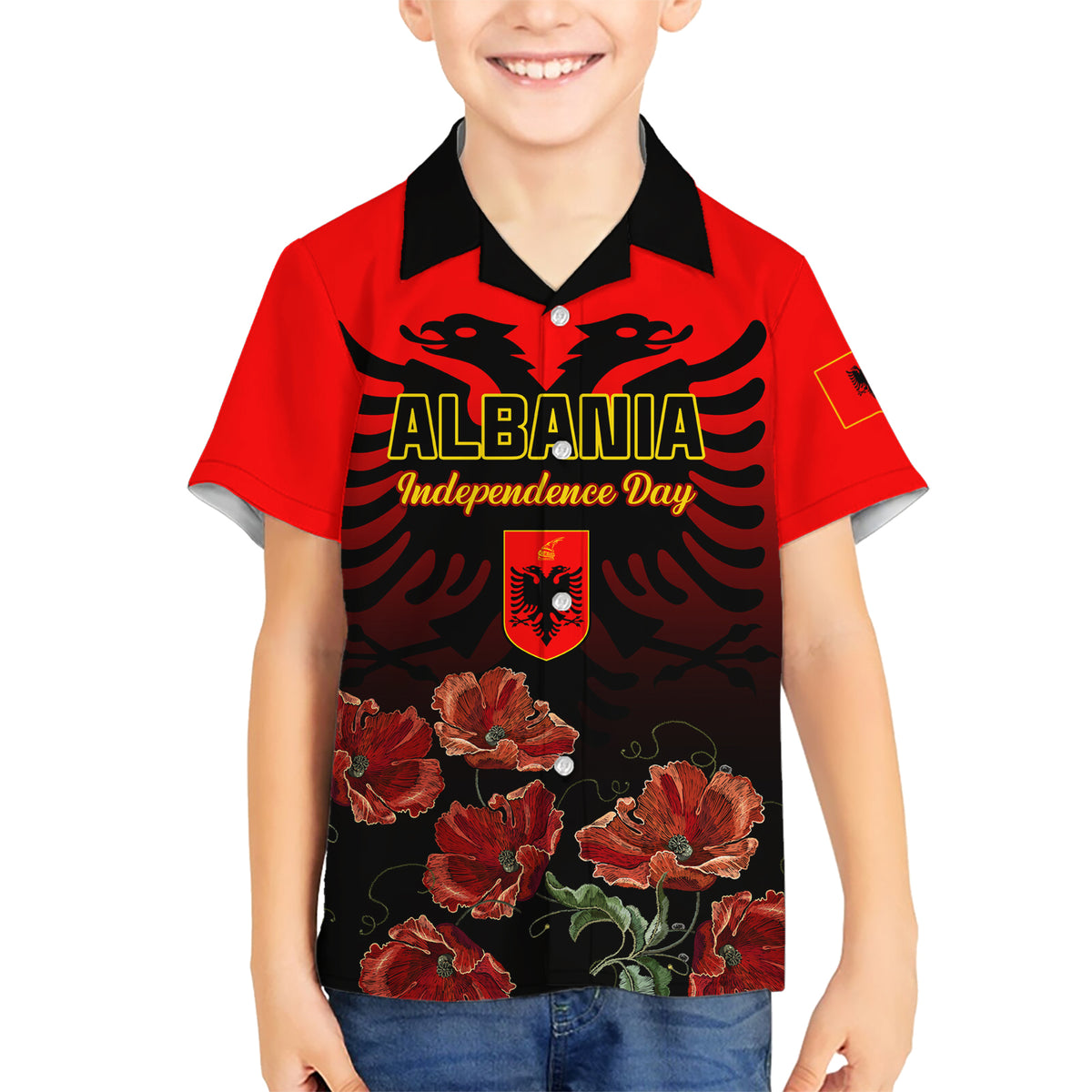 Personalised Albania Independence Day Hawaiian Shirt Albanian Coat Of Arms With Red Poppy Flower - Wonder Print Shop