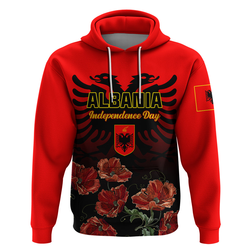 Personalised Albania Independence Day Hoodie Albanian Coat Of Arms With Red Poppy Flower - Wonder Print Shop