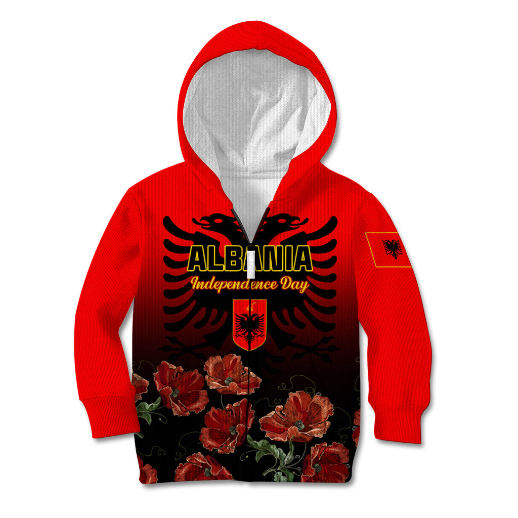 Personalised Albania Independence Day Kid Hoodie Albanian Coat Of Arms With Red Poppy Flower - Wonder Print Shop