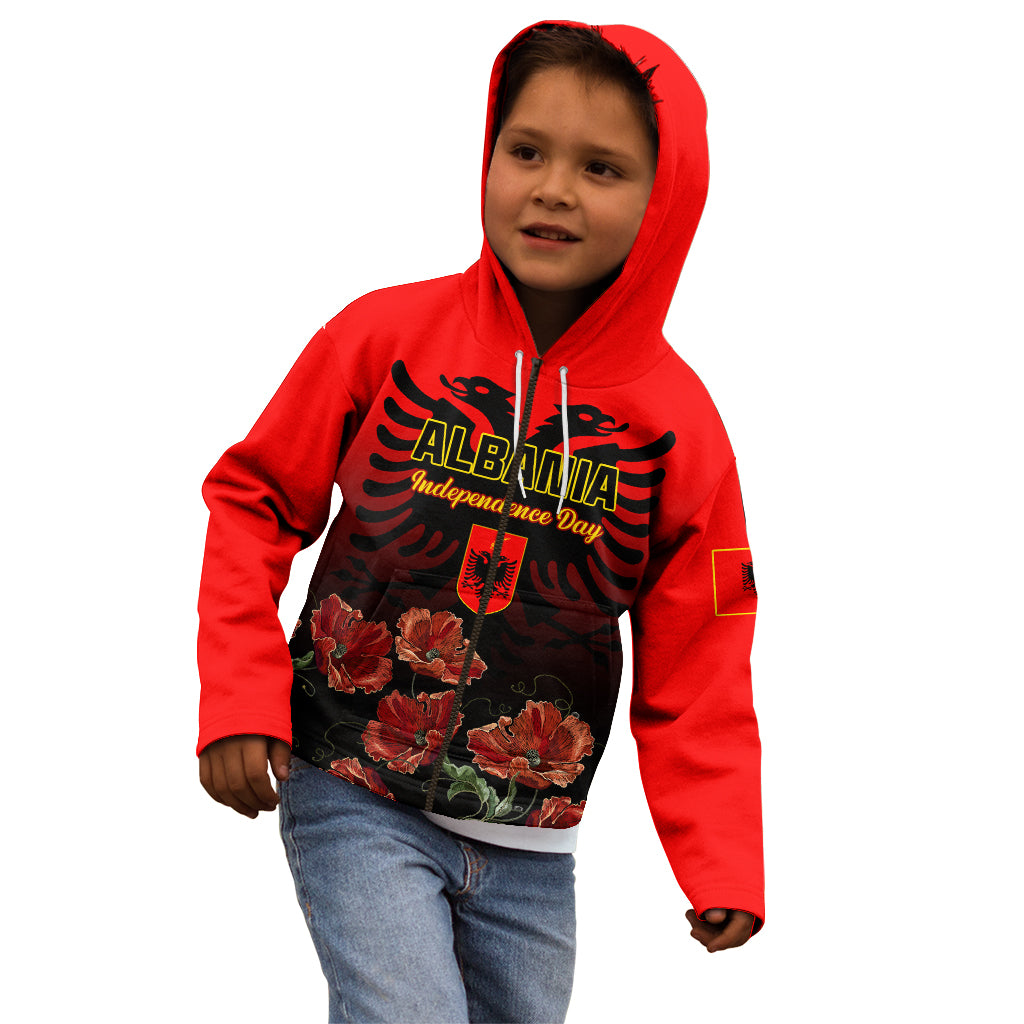 Personalised Albania Independence Day Kid Hoodie Albanian Coat Of Arms With Red Poppy Flower - Wonder Print Shop