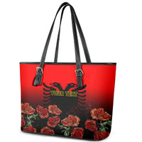 Personalised Albania Independence Day Leather Tote Bag Albanian Coat Of Arms With Red Poppy Flower - Wonder Print Shop