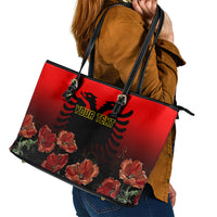 Personalised Albania Independence Day Leather Tote Bag Albanian Coat Of Arms With Red Poppy Flower - Wonder Print Shop