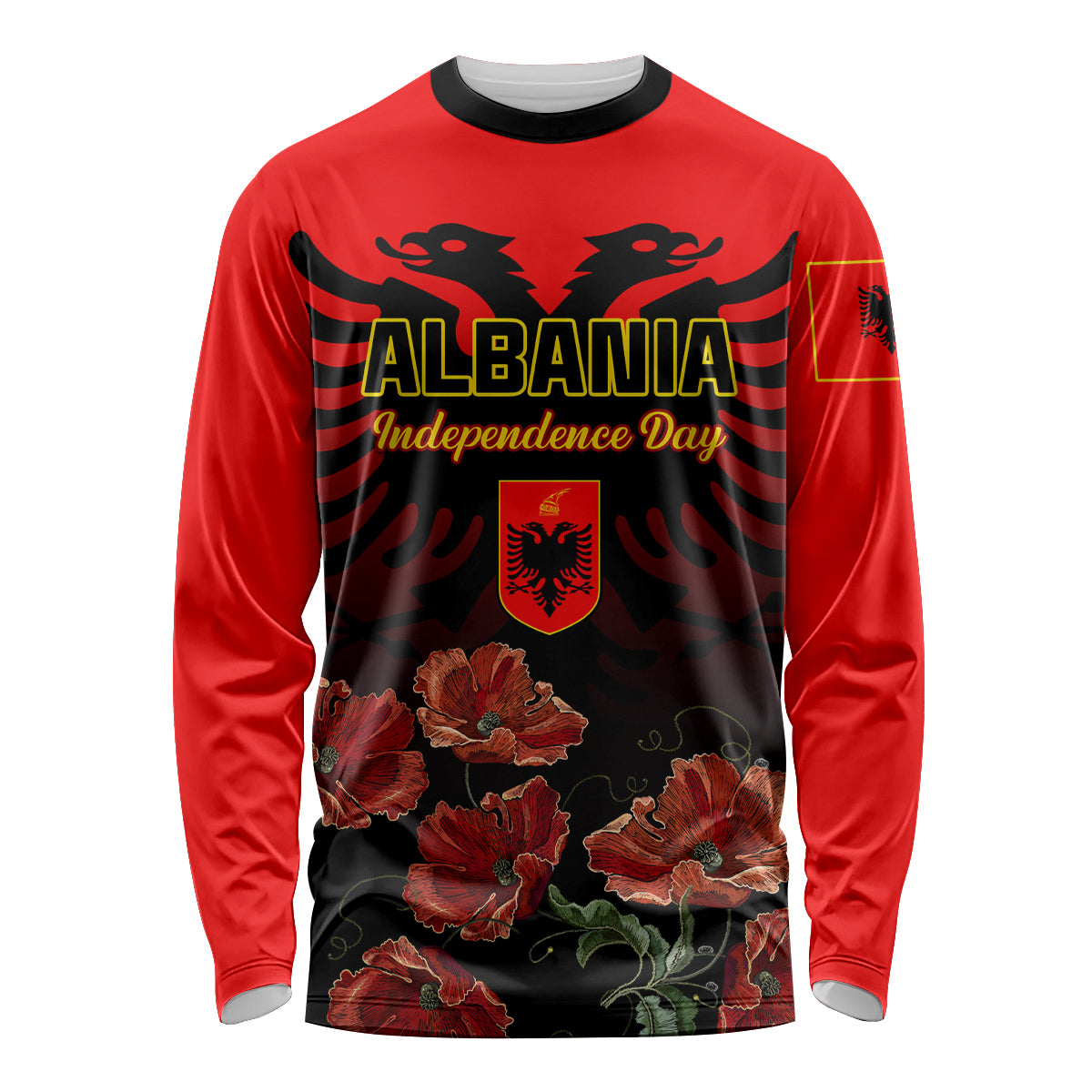 Personalised Albania Independence Day Long Sleeve Shirt Albanian Coat Of Arms With Red Poppy Flower - Wonder Print Shop