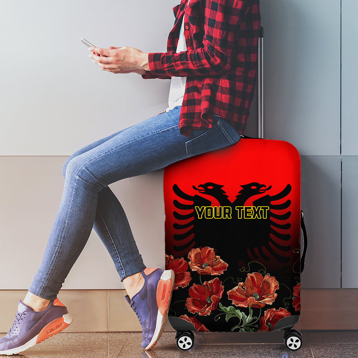 Personalised Albania Independence Day Luggage Cover Albanian Coat Of Arms With Red Poppy Flower - Wonder Print Shop