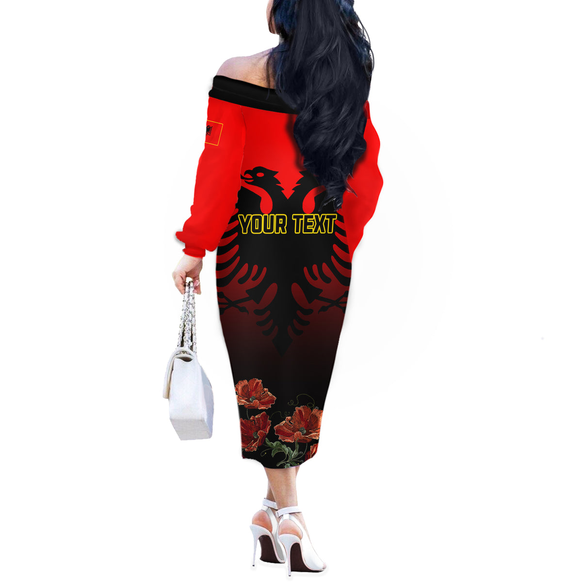 Personalised Albania Independence Day Off The Shoulder Long Sleeve Dress Albanian Coat Of Arms With Red Poppy Flower - Wonder Print Shop