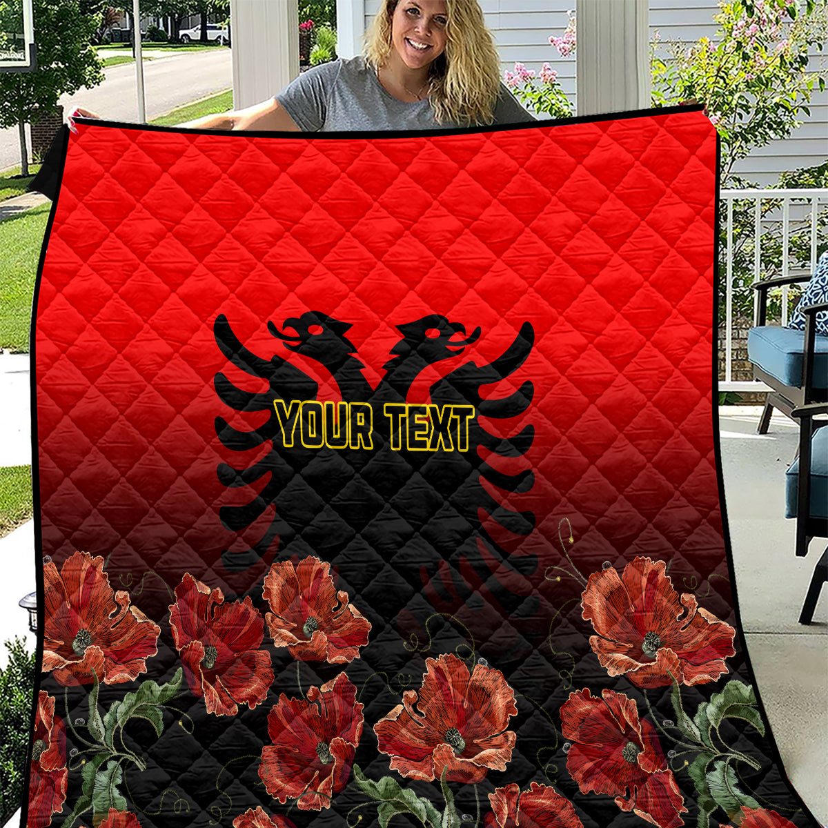 Personalised Albania Independence Day Quilt Albanian Coat Of Arms With Red Poppy Flower - Wonder Print Shop
