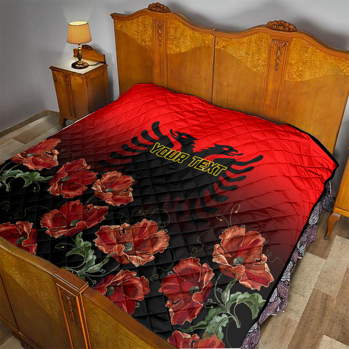 Personalised Albania Independence Day Quilt Albanian Coat Of Arms With Red Poppy Flower - Wonder Print Shop