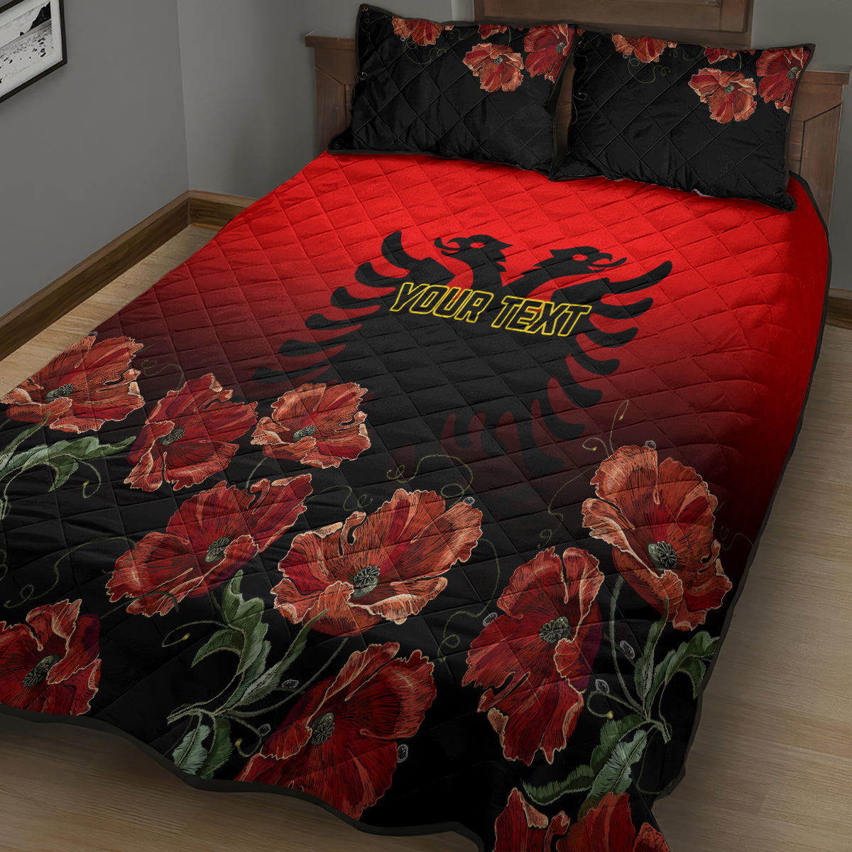 Personalised Albania Independence Day Quilt Bed Set Albanian Coat Of Arms With Red Poppy Flower - Wonder Print Shop