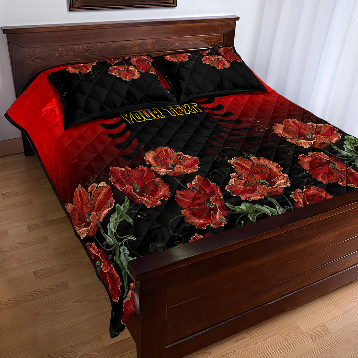 Personalised Albania Independence Day Quilt Bed Set Albanian Coat Of Arms With Red Poppy Flower - Wonder Print Shop