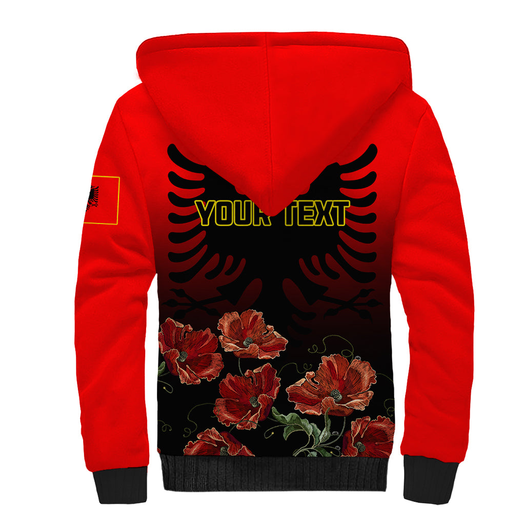 Personalised Albania Independence Day Sherpa Hoodie Albanian Coat Of Arms With Red Poppy Flower - Wonder Print Shop