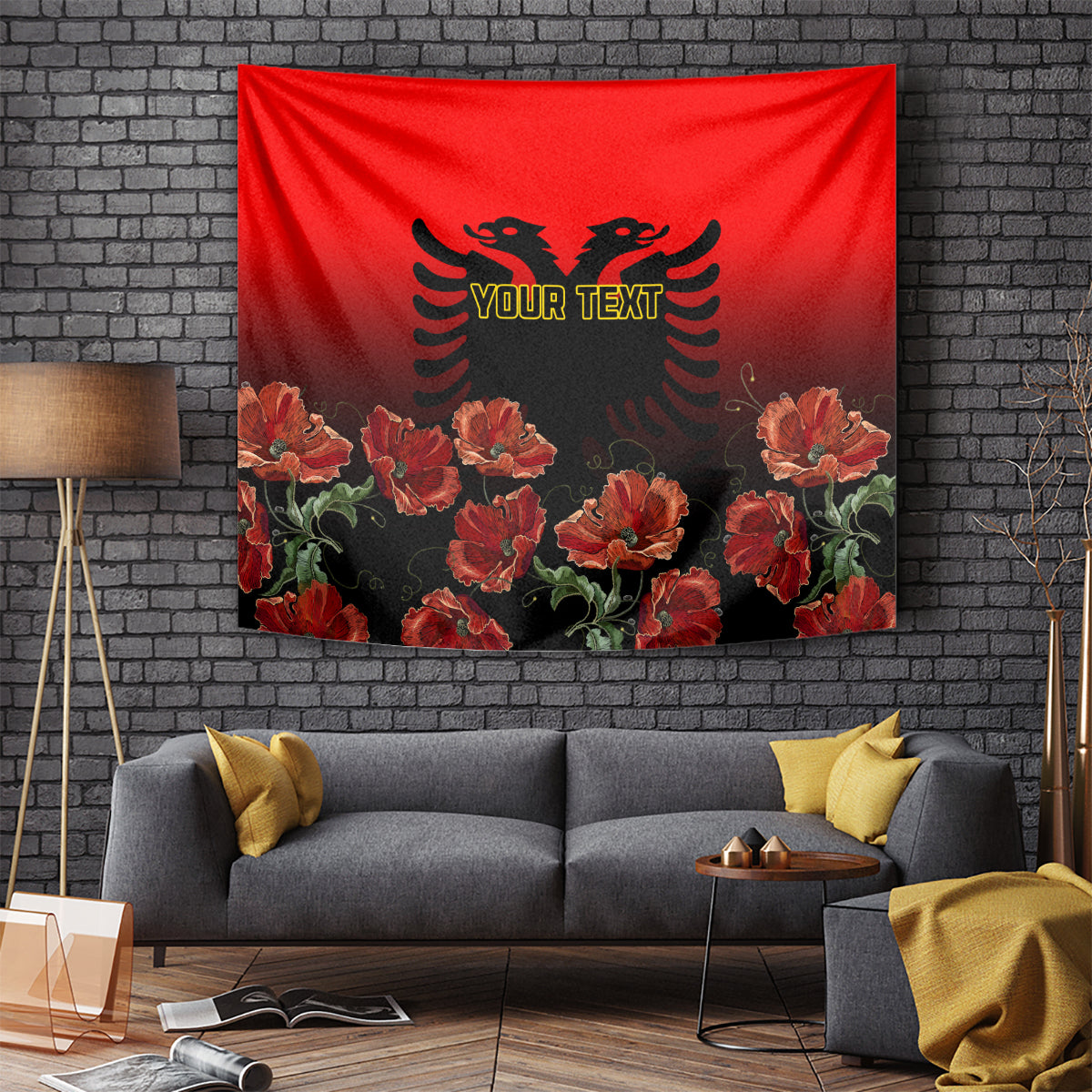 Personalised Albania Independence Day Tapestry Albanian Coat Of Arms With Red Poppy Flower - Wonder Print Shop