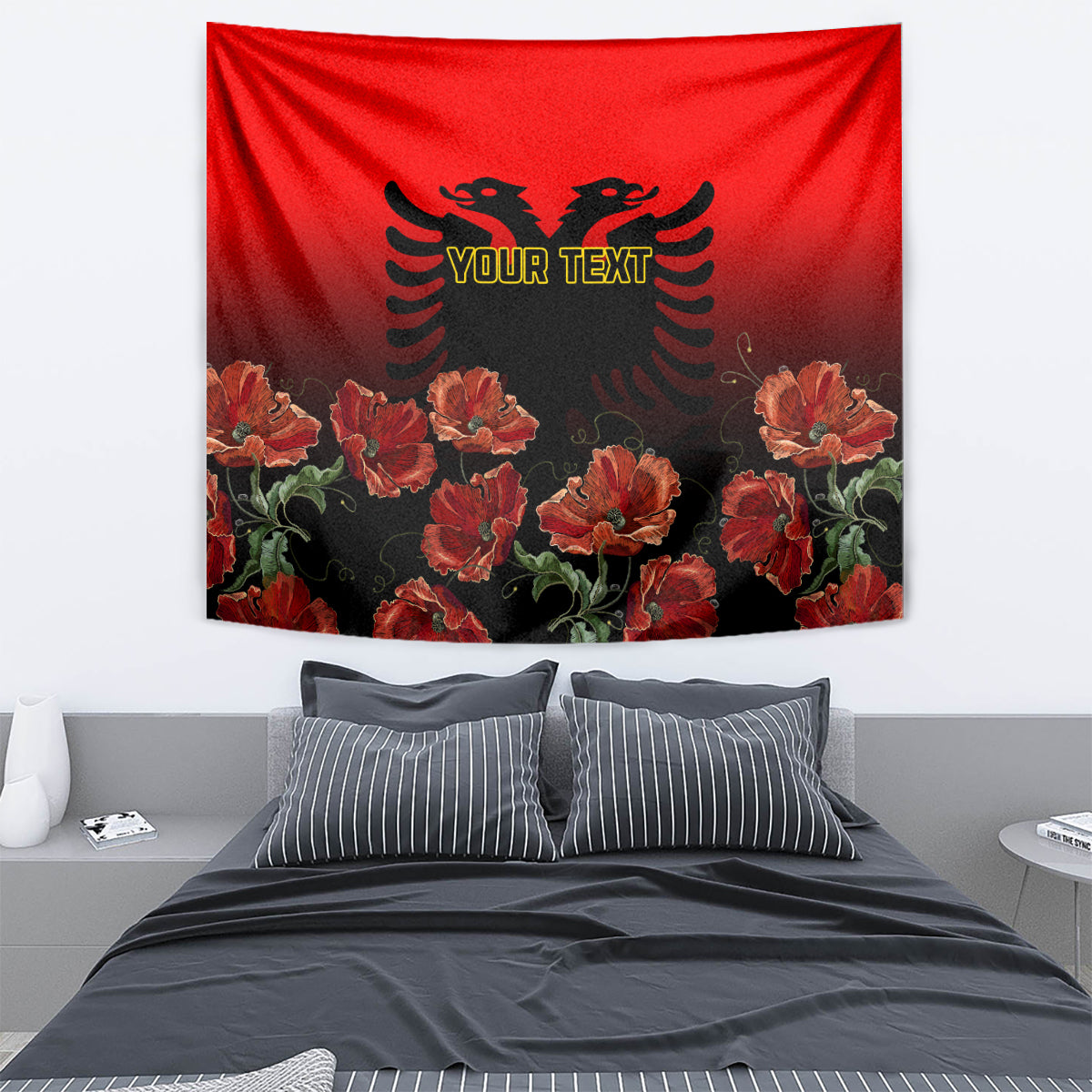 Personalised Albania Independence Day Tapestry Albanian Coat Of Arms With Red Poppy Flower - Wonder Print Shop