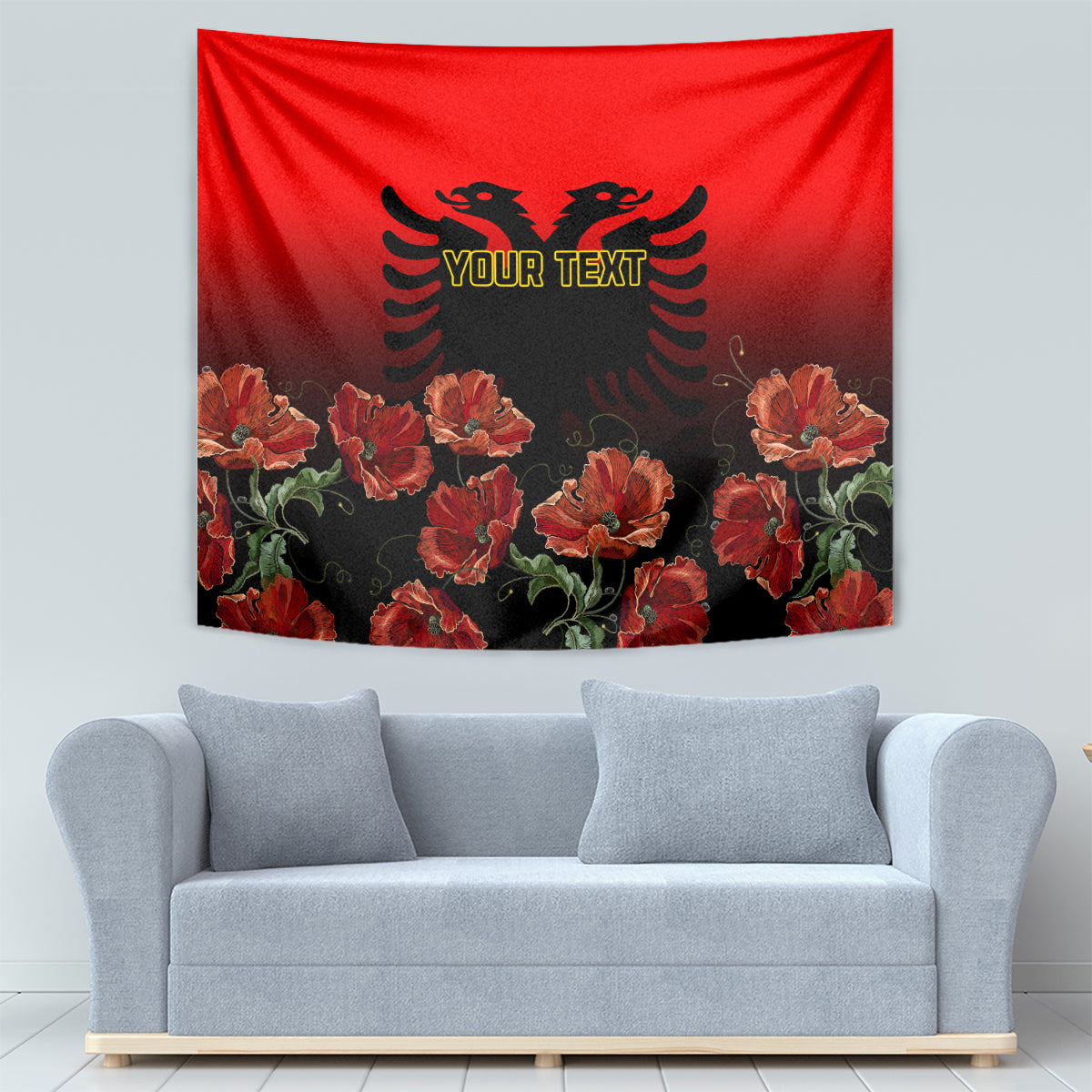Personalised Albania Independence Day Tapestry Albanian Coat Of Arms With Red Poppy Flower - Wonder Print Shop