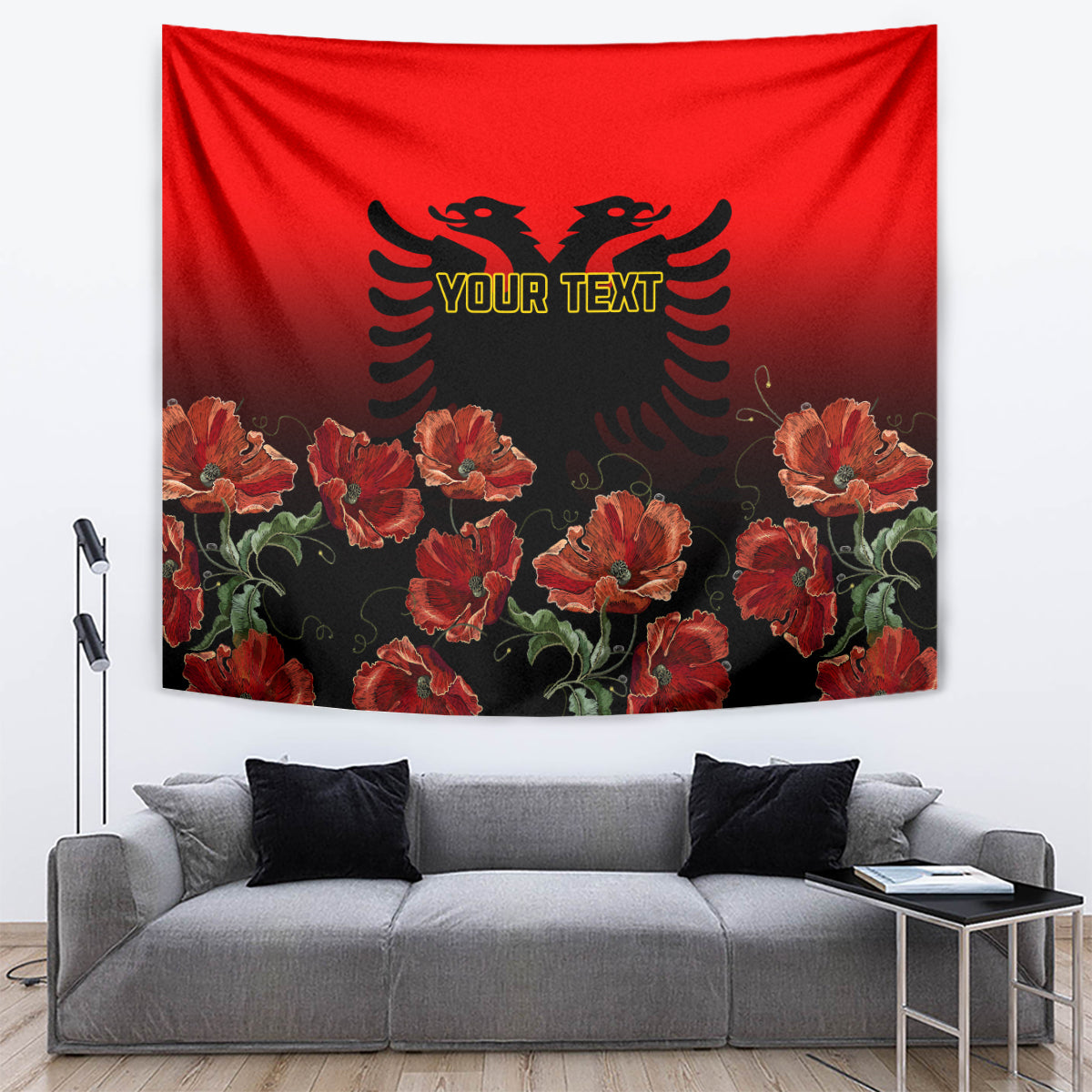 Personalised Albania Independence Day Tapestry Albanian Coat Of Arms With Red Poppy Flower - Wonder Print Shop