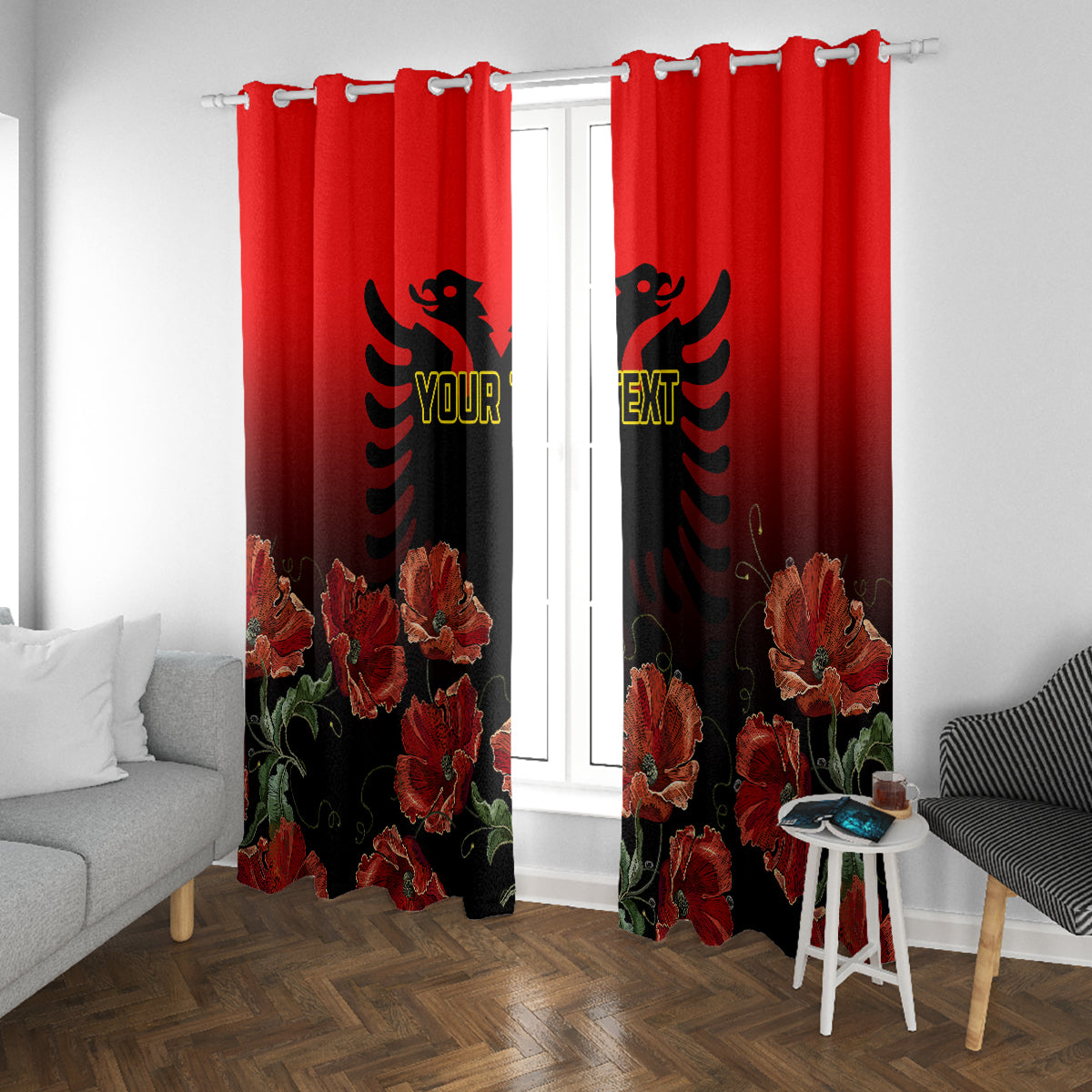 Personalised Albania Independence Day Window Curtain Albanian Coat Of Arms With Red Poppy Flower - Wonder Print Shop