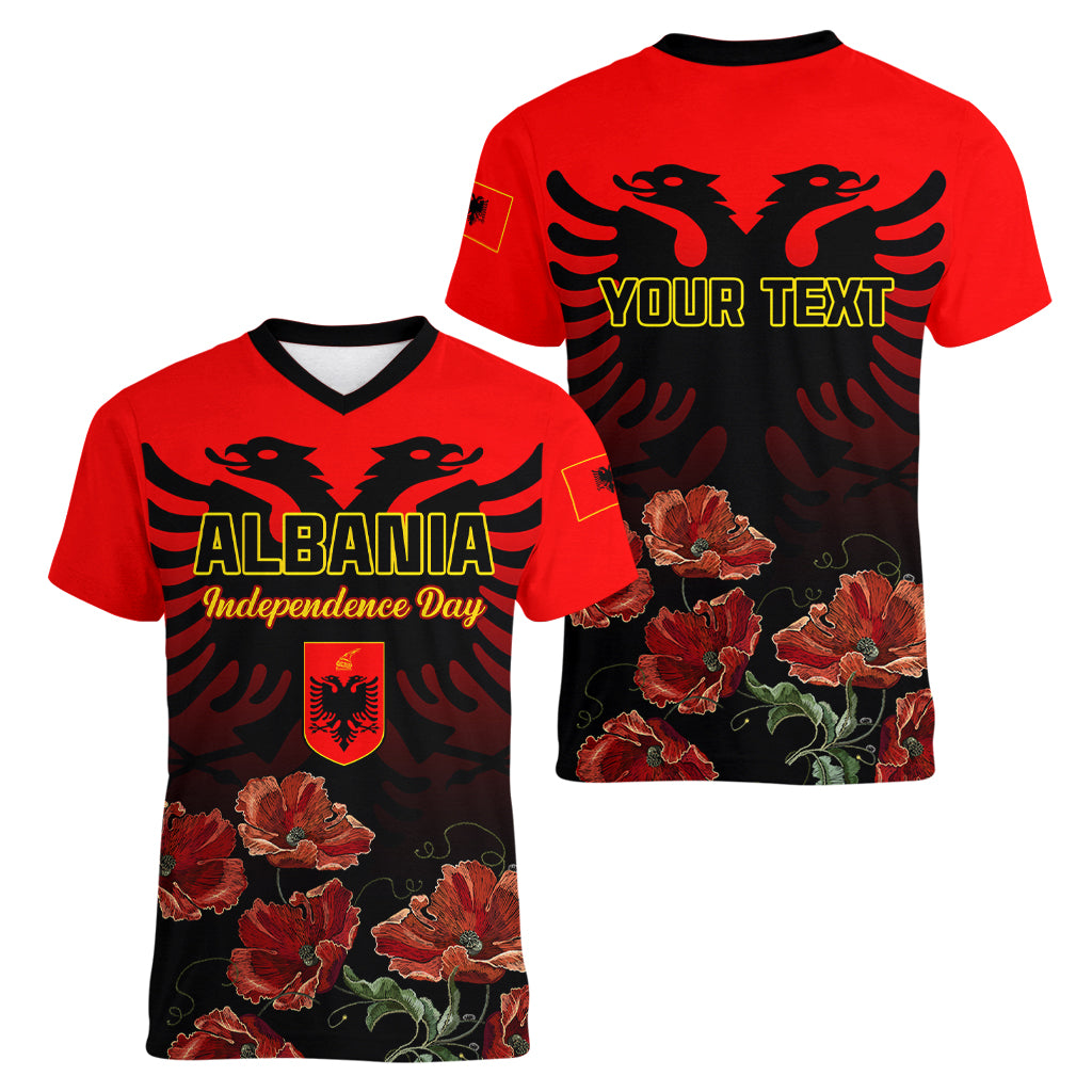 Personalised Albania Independence Day Women V Neck T Shirt Albanian Coat Of Arms With Red Poppy Flower - Wonder Print Shop