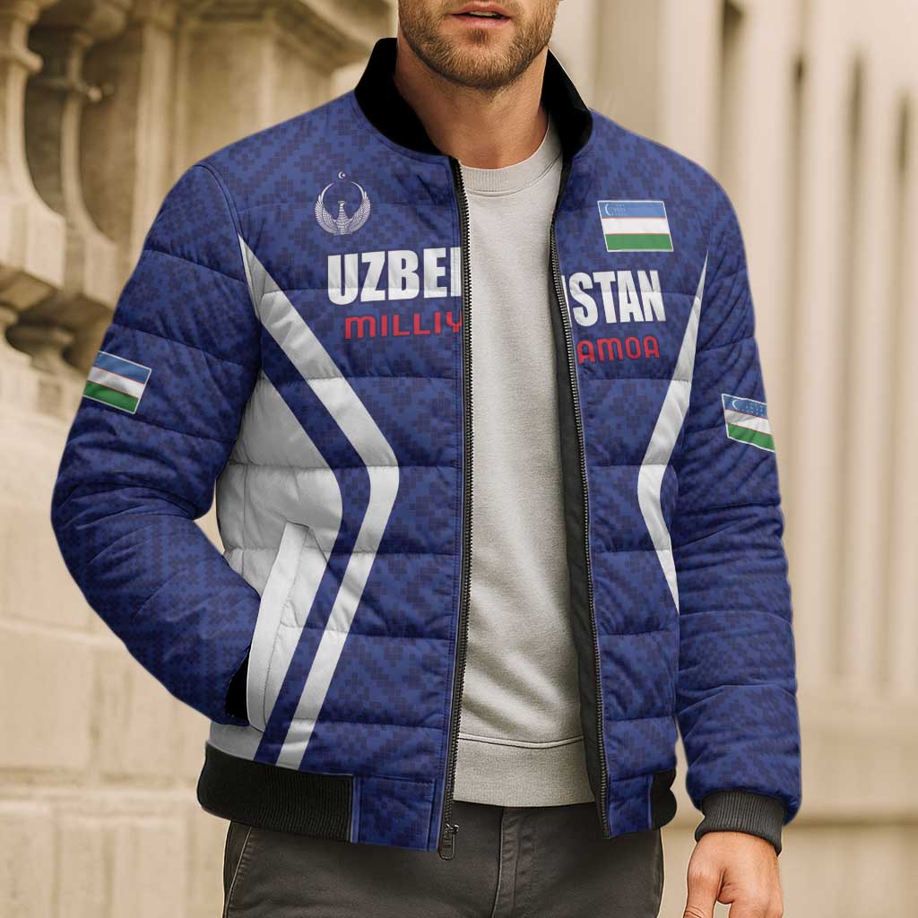 Custom Football Uzbekistan Bomber Puffer Jacket Milliy Jamoa Blue Version - Wonder Print Shop