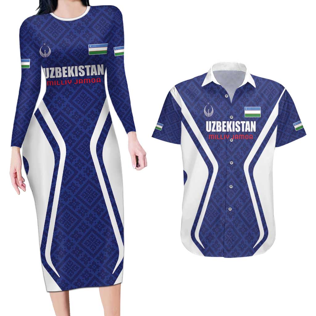 Custom Football Uzbekistan Couples Matching Long Sleeve Bodycon Dress and Hawaiian Shirt Milliy Jamoa Blue Version - Wonder Print Shop