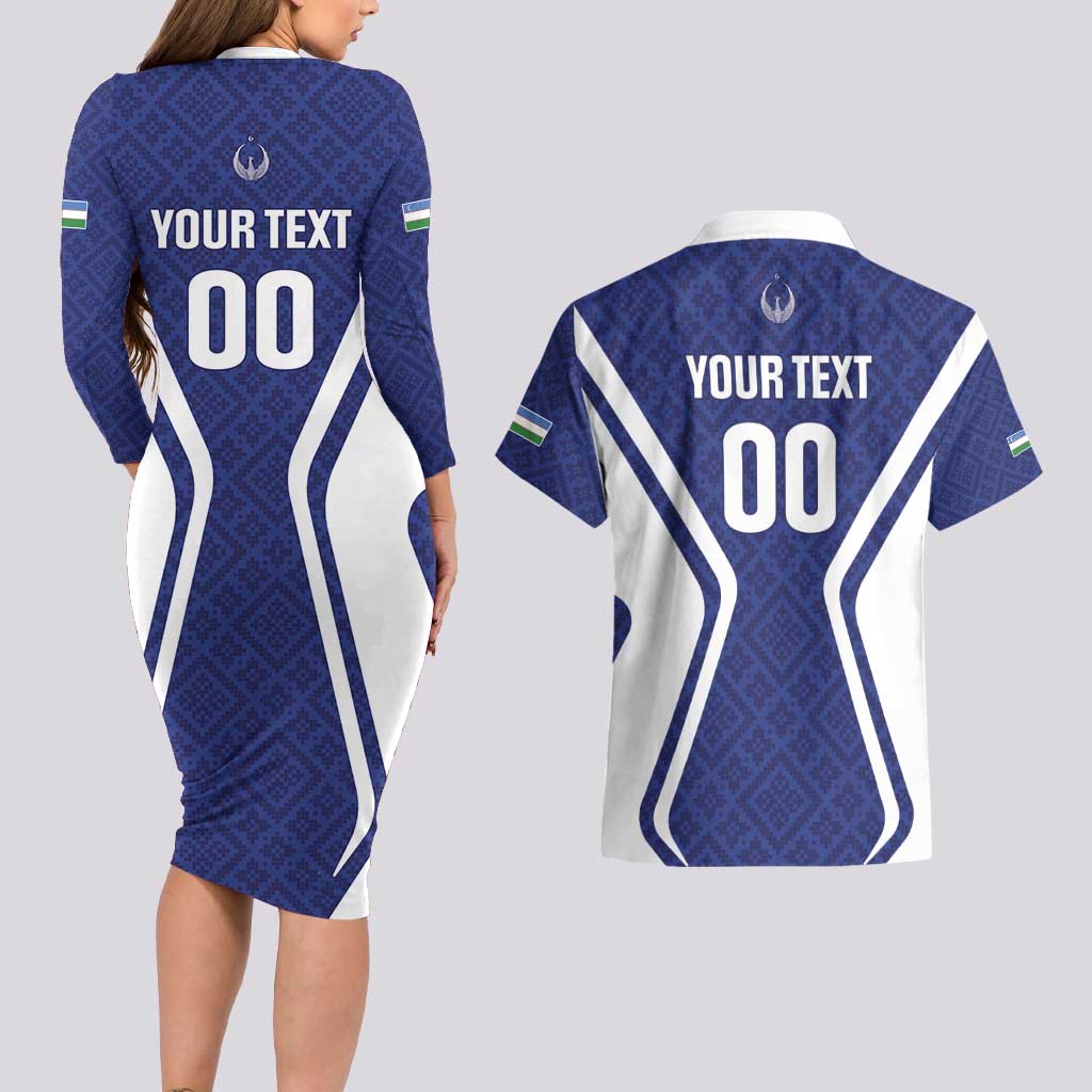 Custom Football Uzbekistan Couples Matching Long Sleeve Bodycon Dress and Hawaiian Shirt Milliy Jamoa Blue Version - Wonder Print Shop