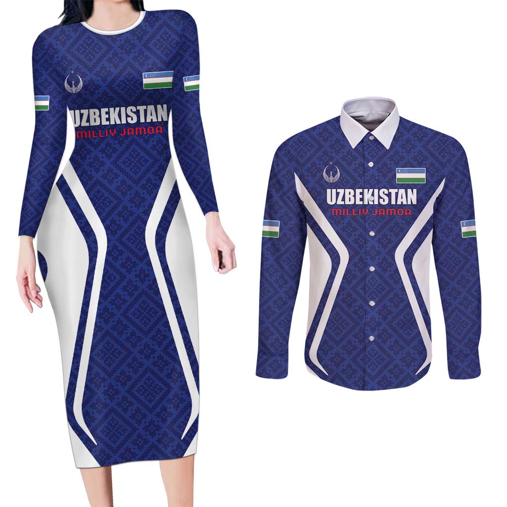 Custom Football Uzbekistan Couples Matching Long Sleeve Bodycon Dress and Long Sleeve Button Shirt Milliy Jamoa Blue Version - Wonder Print Shop