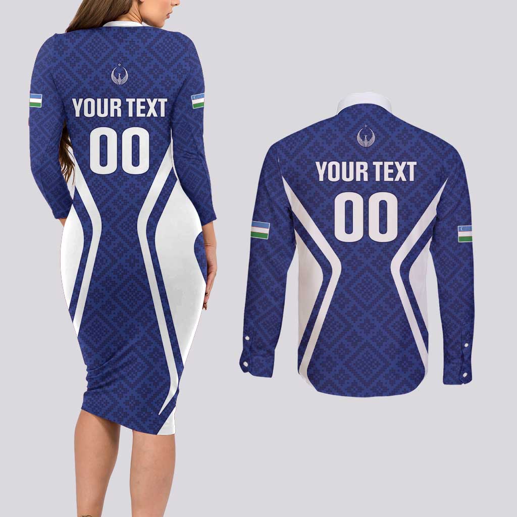 Custom Football Uzbekistan Couples Matching Long Sleeve Bodycon Dress and Long Sleeve Button Shirt Milliy Jamoa Blue Version - Wonder Print Shop