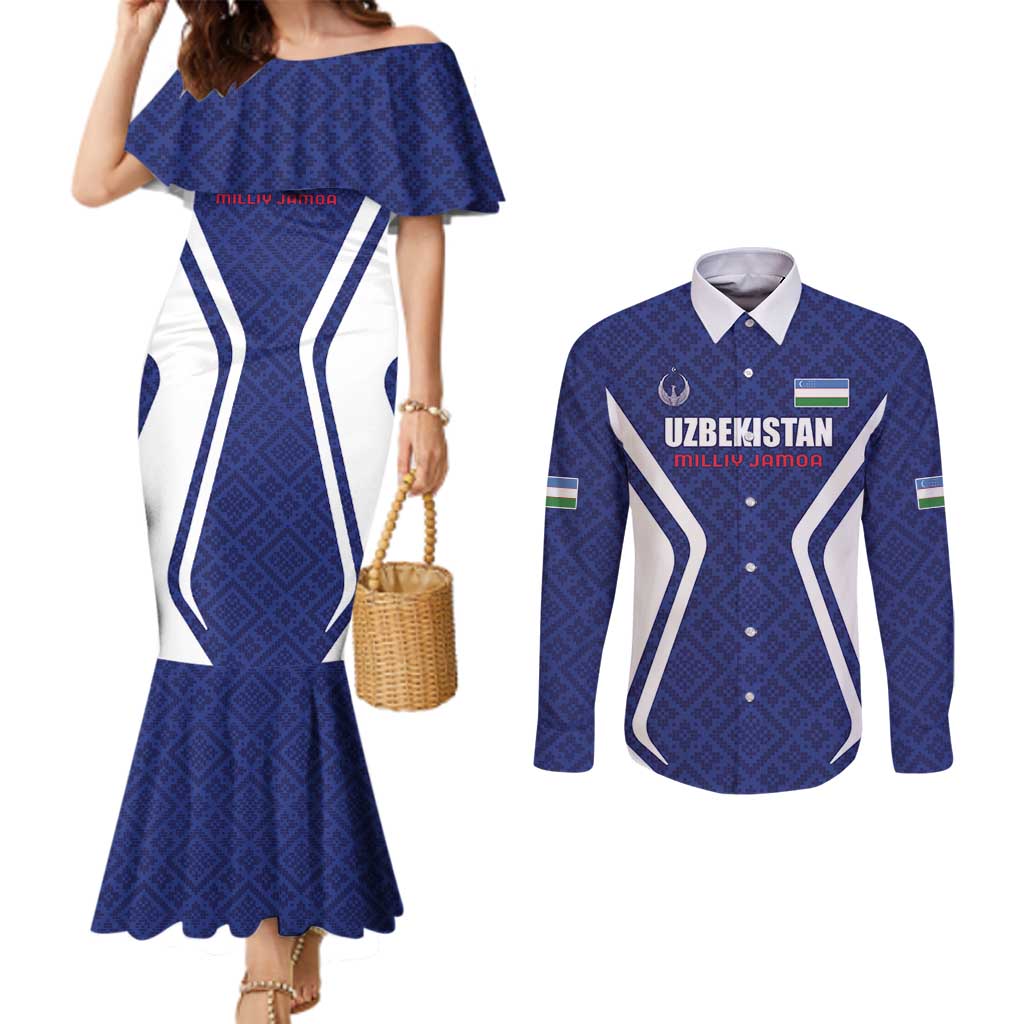 Custom Football Uzbekistan Couples Matching Mermaid Dress and Long Sleeve Button Shirt Milliy Jamoa Blue Version - Wonder Print Shop