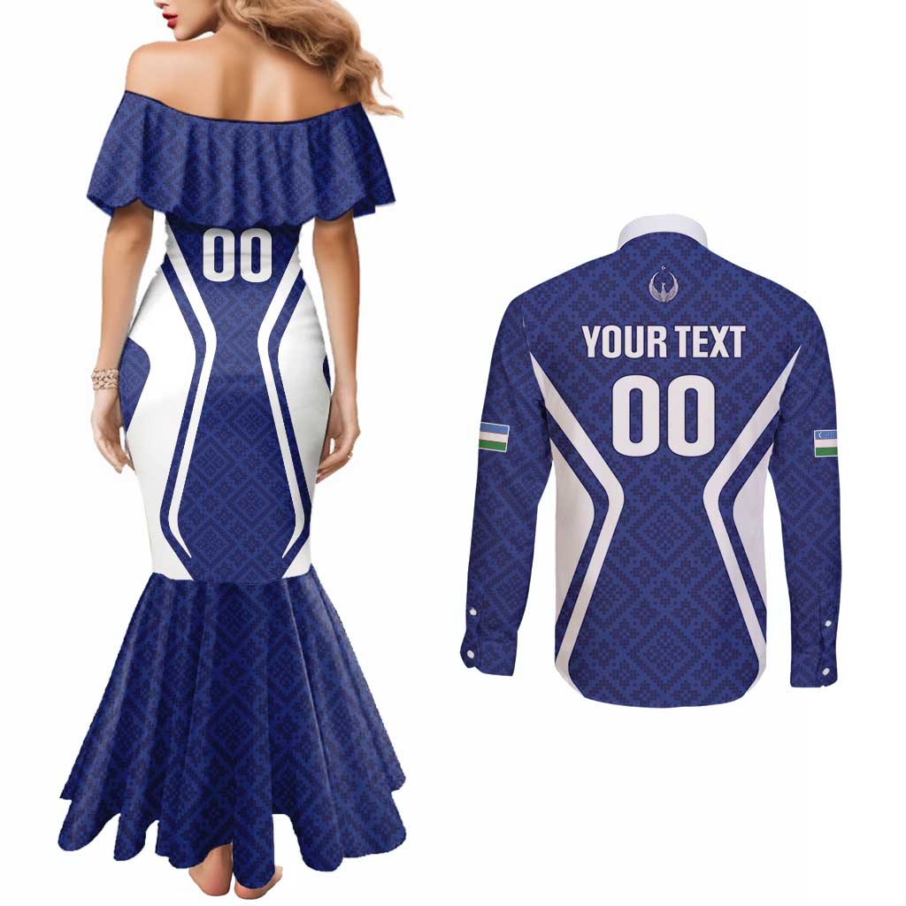 Custom Football Uzbekistan Couples Matching Mermaid Dress and Long Sleeve Button Shirt Milliy Jamoa Blue Version - Wonder Print Shop