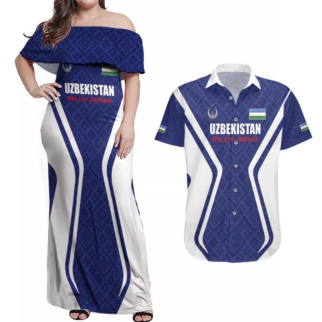 Custom Football Uzbekistan Couples Matching Off Shoulder Maxi Dress and Hawaiian Shirt Milliy Jamoa Blue Version - Wonder Print Shop