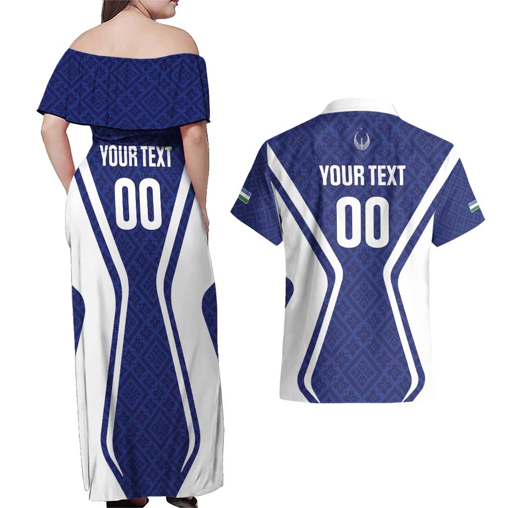 Custom Football Uzbekistan Couples Matching Off Shoulder Maxi Dress and Hawaiian Shirt Milliy Jamoa Blue Version - Wonder Print Shop