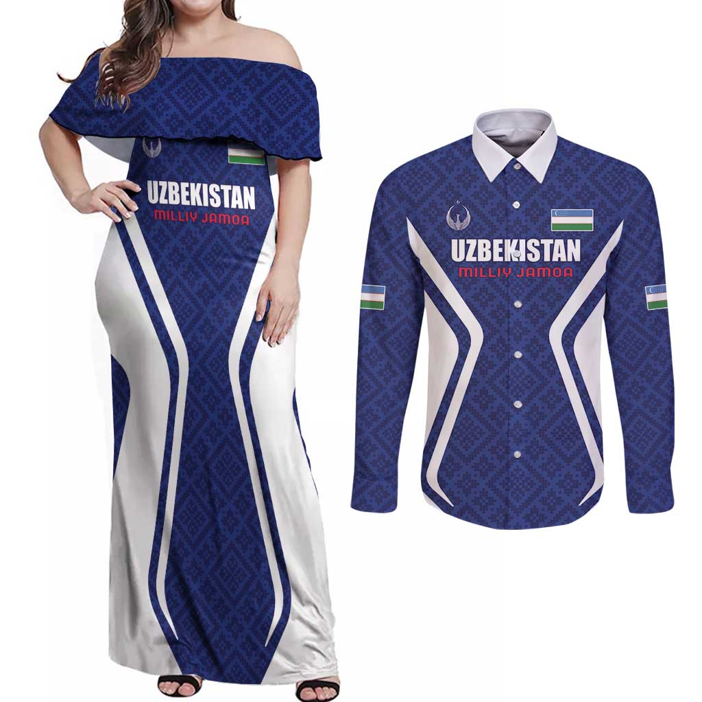 Custom Football Uzbekistan Couples Matching Off Shoulder Maxi Dress and Long Sleeve Button Shirt Milliy Jamoa Blue Version - Wonder Print Shop