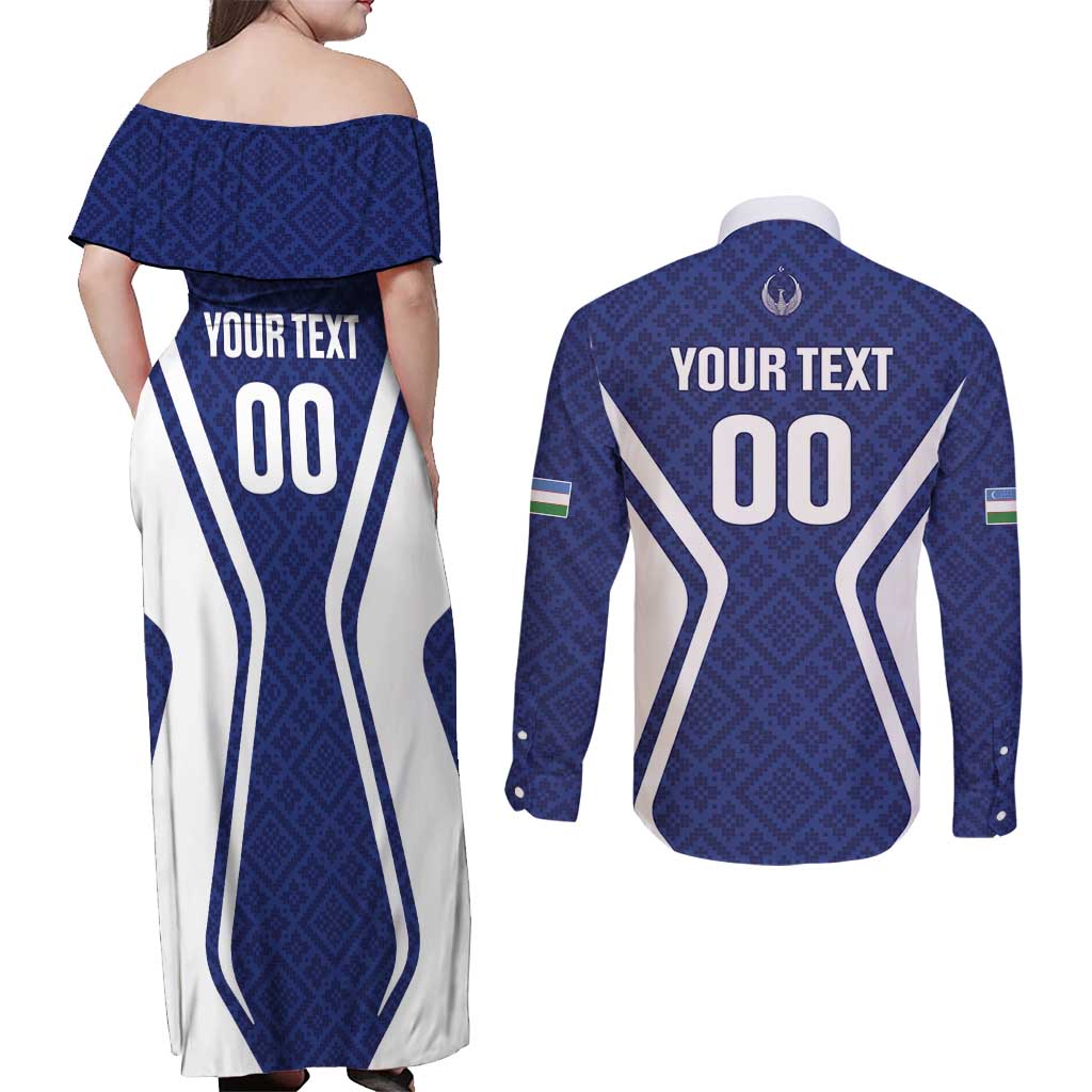 Custom Football Uzbekistan Couples Matching Off Shoulder Maxi Dress and Long Sleeve Button Shirt Milliy Jamoa Blue Version - Wonder Print Shop