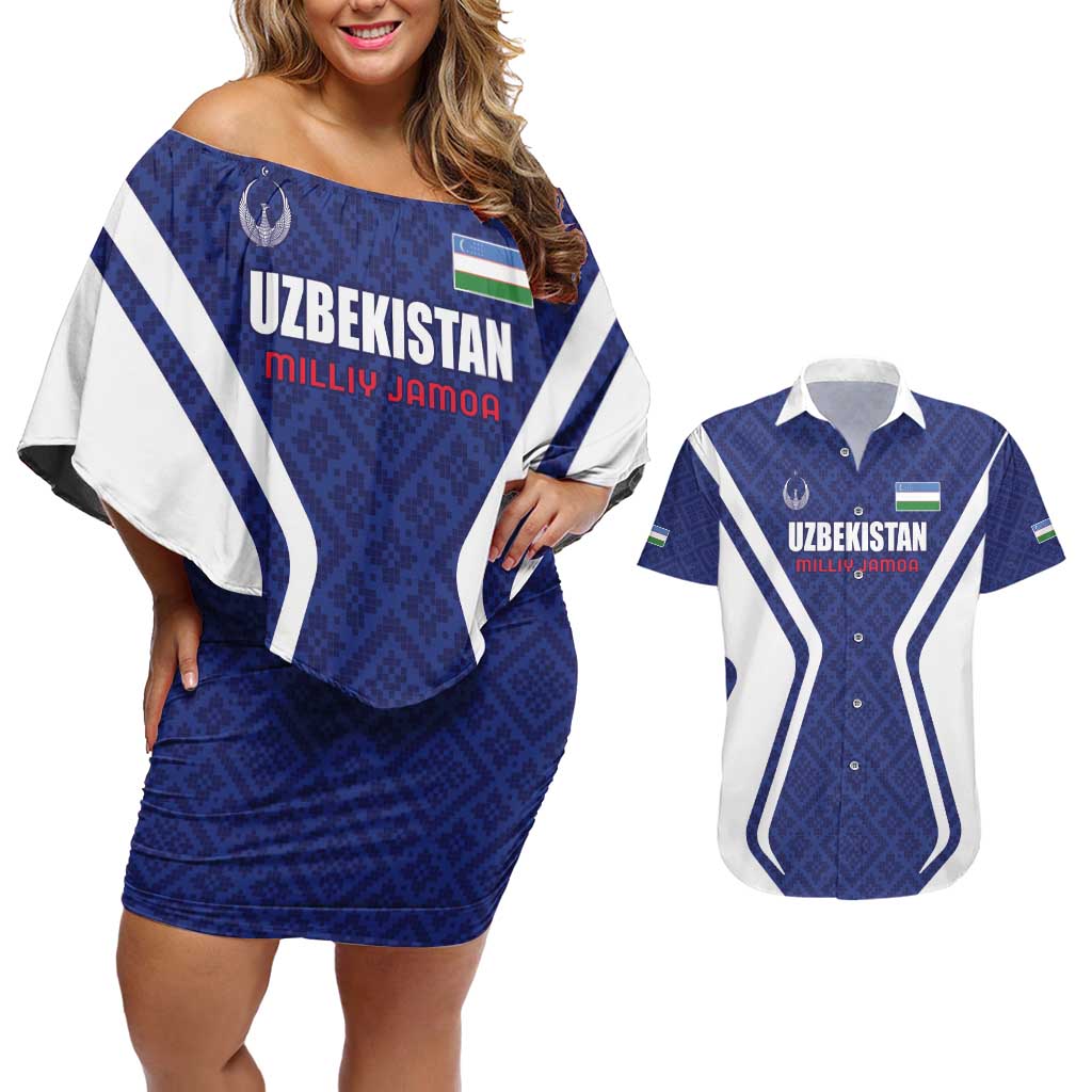 Custom Football Uzbekistan Couples Matching Off Shoulder Short Dress and Hawaiian Shirt Milliy Jamoa Blue Version - Wonder Print Shop