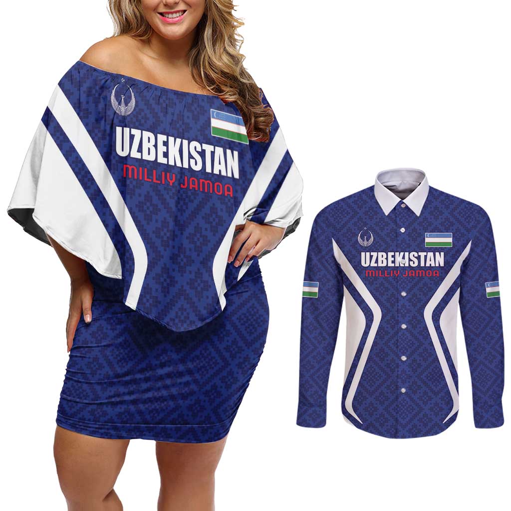 Custom Football Uzbekistan Couples Matching Off Shoulder Short Dress and Long Sleeve Button Shirt Milliy Jamoa Blue Version - Wonder Print Shop