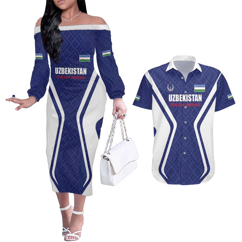 Custom Football Uzbekistan Couples Matching Off The Shoulder Long Sleeve Dress and Hawaiian Shirt Milliy Jamoa Blue Version - Wonder Print Shop