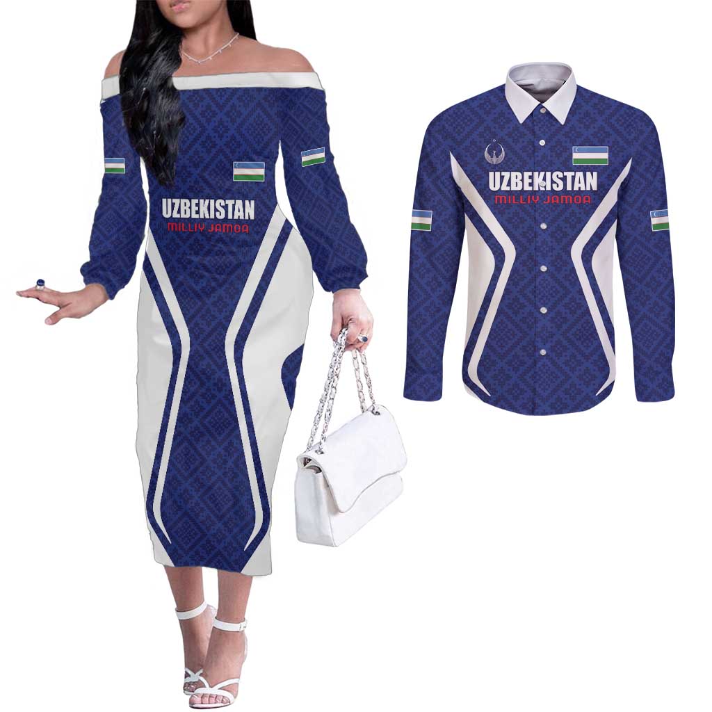 Custom Football Uzbekistan Couples Matching Off The Shoulder Long Sleeve Dress and Long Sleeve Button Shirt Milliy Jamoa Blue Version - Wonder Print Shop