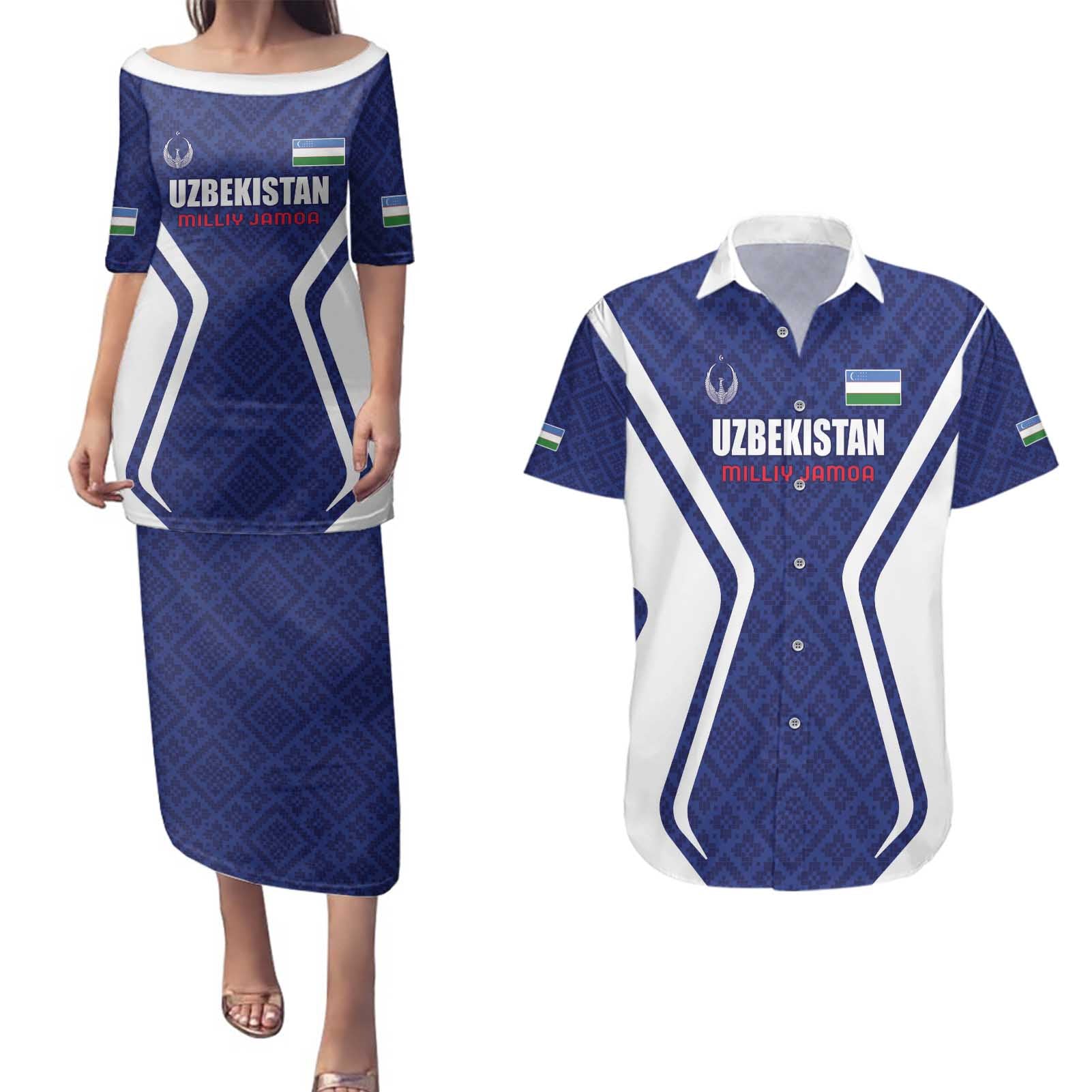 Custom Football Uzbekistan Couples Matching Puletasi and Hawaiian Shirt Milliy Jamoa Blue Version - Wonder Print Shop