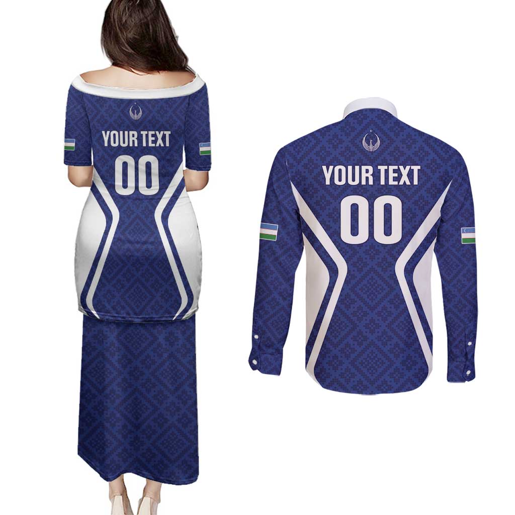 Custom Football Uzbekistan Couples Matching Puletasi and Long Sleeve Button Shirt Milliy Jamoa Blue Version - Wonder Print Shop