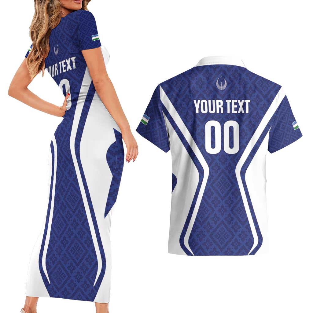Custom Football Uzbekistan Couples Matching Short Sleeve Bodycon Dress and Hawaiian Shirt Milliy Jamoa Blue Version - Wonder Print Shop