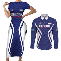 Custom Football Uzbekistan Couples Matching Short Sleeve Bodycon Dress and Long Sleeve Button Shirt Milliy Jamoa Blue Version - Wonder Print Shop