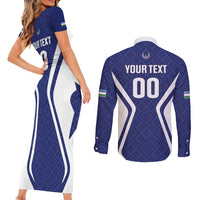 Custom Football Uzbekistan Couples Matching Short Sleeve Bodycon Dress and Long Sleeve Button Shirt Milliy Jamoa Blue Version - Wonder Print Shop
