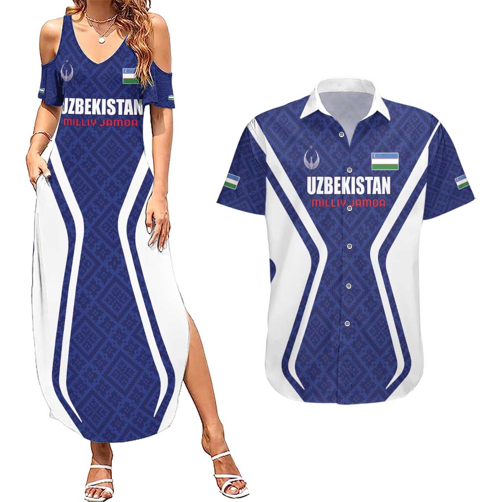 Custom Football Uzbekistan Couples Matching Summer Maxi Dress and Hawaiian Shirt Milliy Jamoa Blue Version - Wonder Print Shop