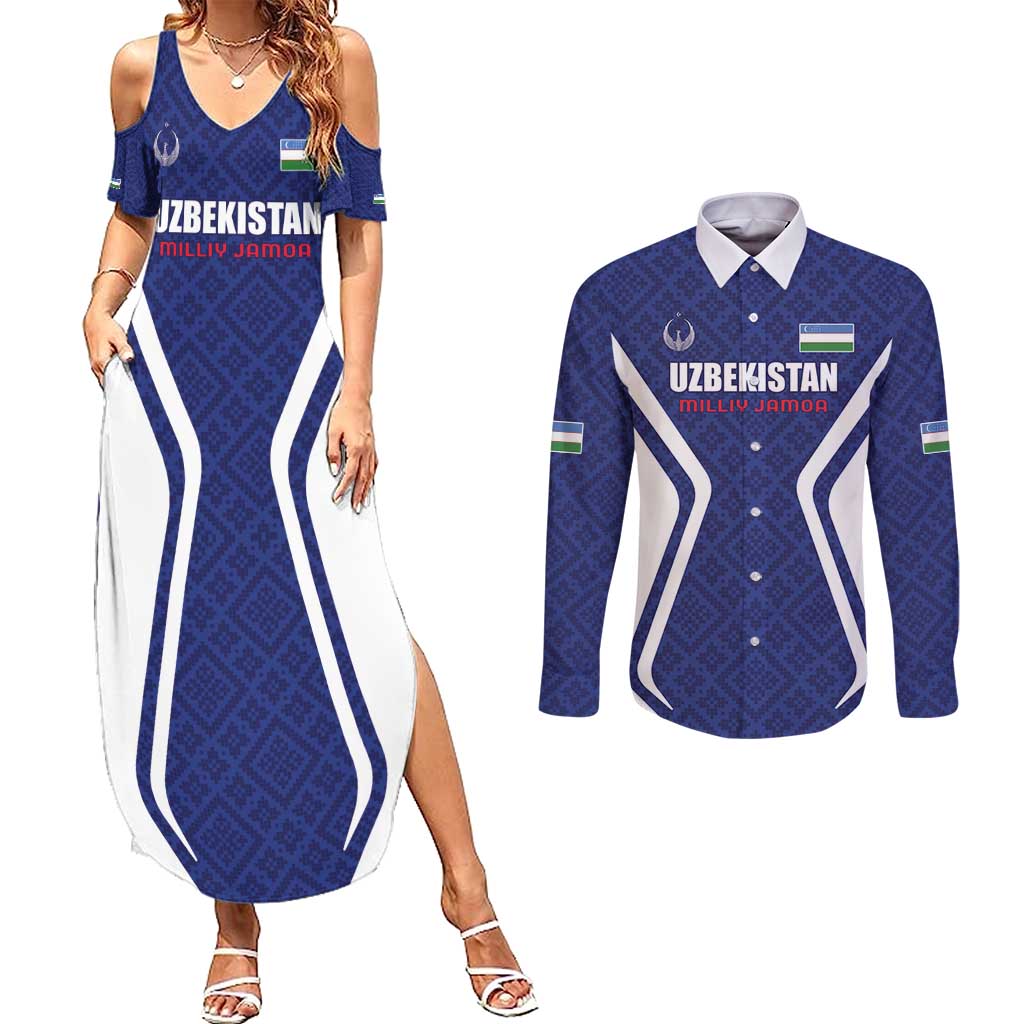 Custom Football Uzbekistan Couples Matching Summer Maxi Dress and Long Sleeve Button Shirt Milliy Jamoa Blue Version - Wonder Print Shop
