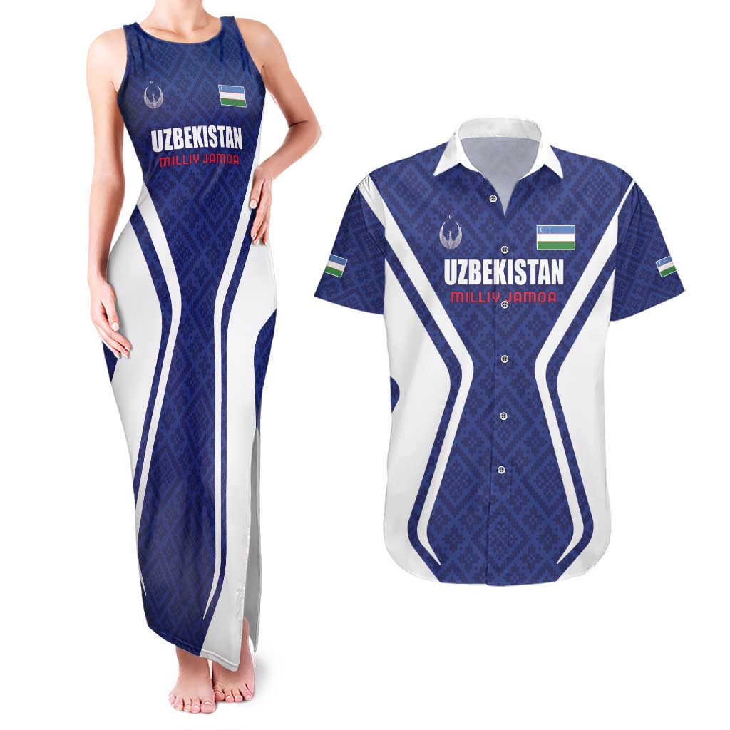 Custom Football Uzbekistan Couples Matching Tank Maxi Dress and Hawaiian Shirt Milliy Jamoa Blue Version - Wonder Print Shop