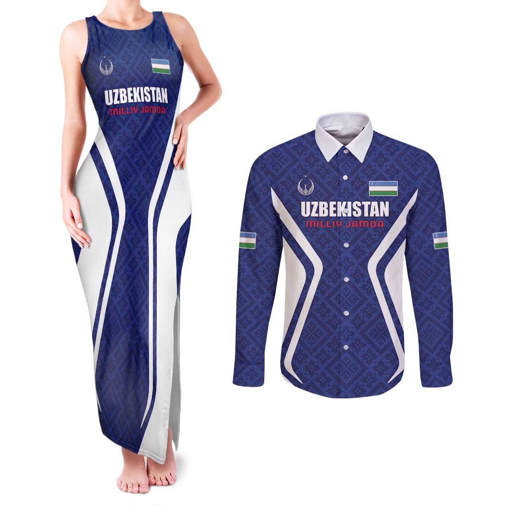 Custom Football Uzbekistan Couples Matching Tank Maxi Dress and Long Sleeve Button Shirt Milliy Jamoa Blue Version - Wonder Print Shop