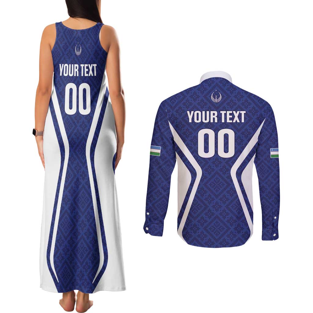 Custom Football Uzbekistan Couples Matching Tank Maxi Dress and Long Sleeve Button Shirt Milliy Jamoa Blue Version - Wonder Print Shop