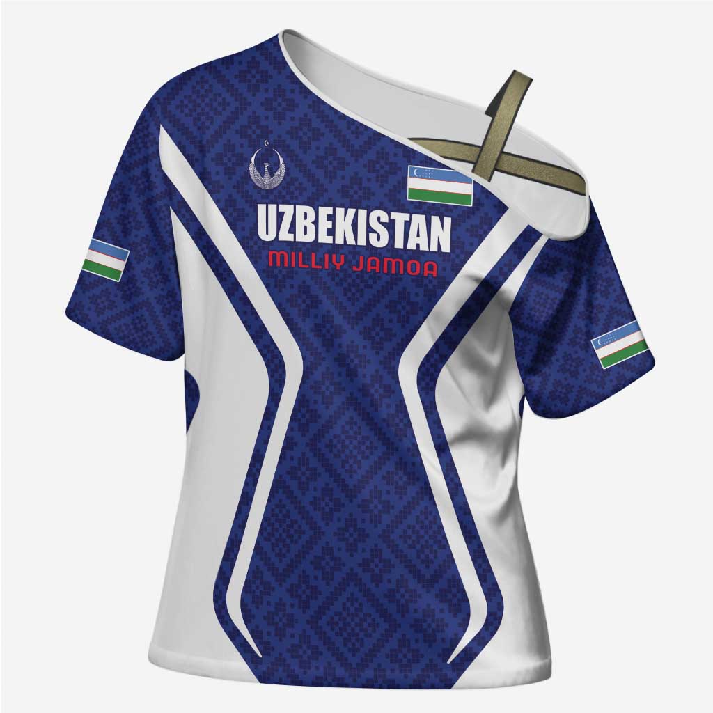 Custom Football Uzbekistan Cross Shoulder Shirt Milliy Jamoa Blue Version - Wonder Print Shop