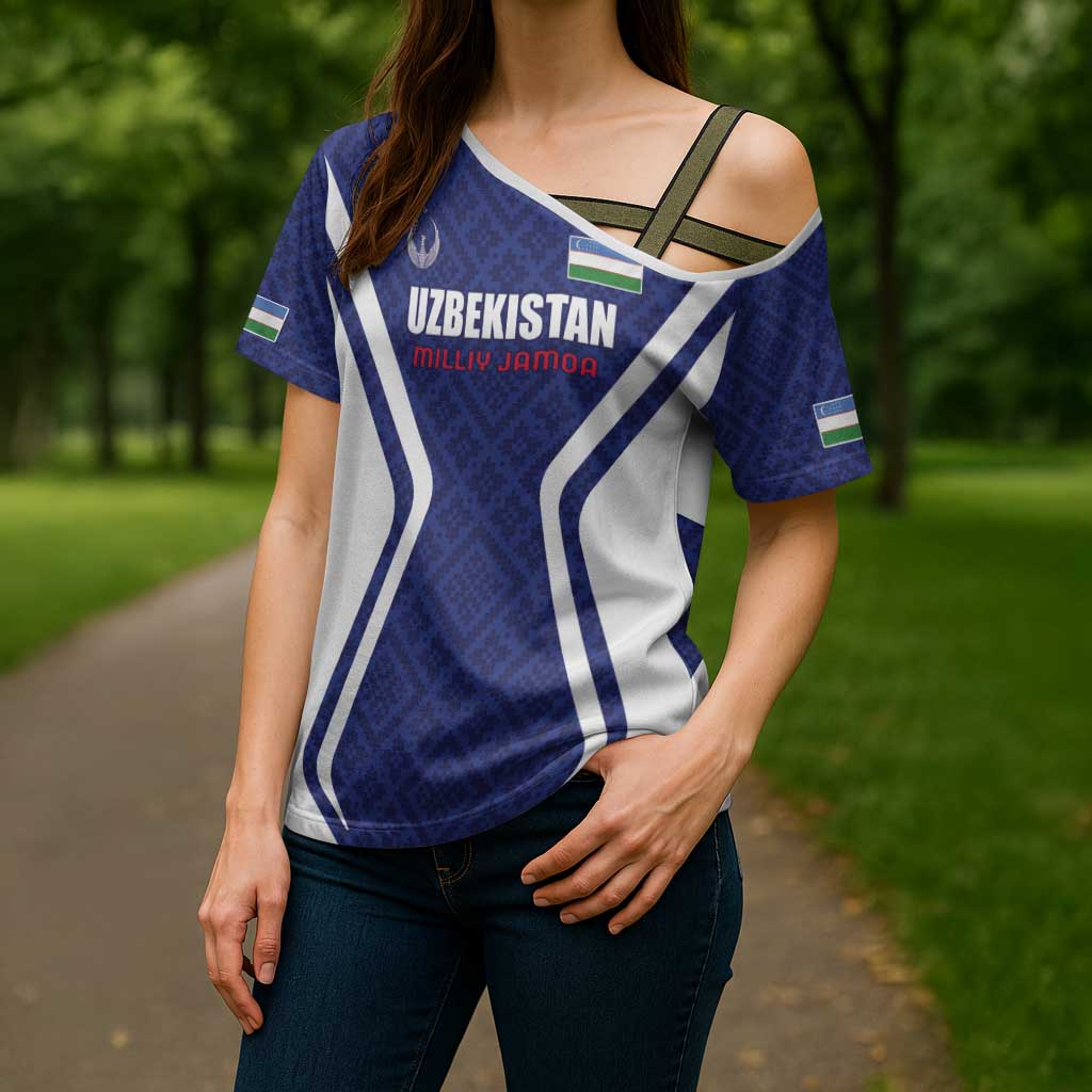 Custom Football Uzbekistan Cross Shoulder Shirt Milliy Jamoa Blue Version - Wonder Print Shop