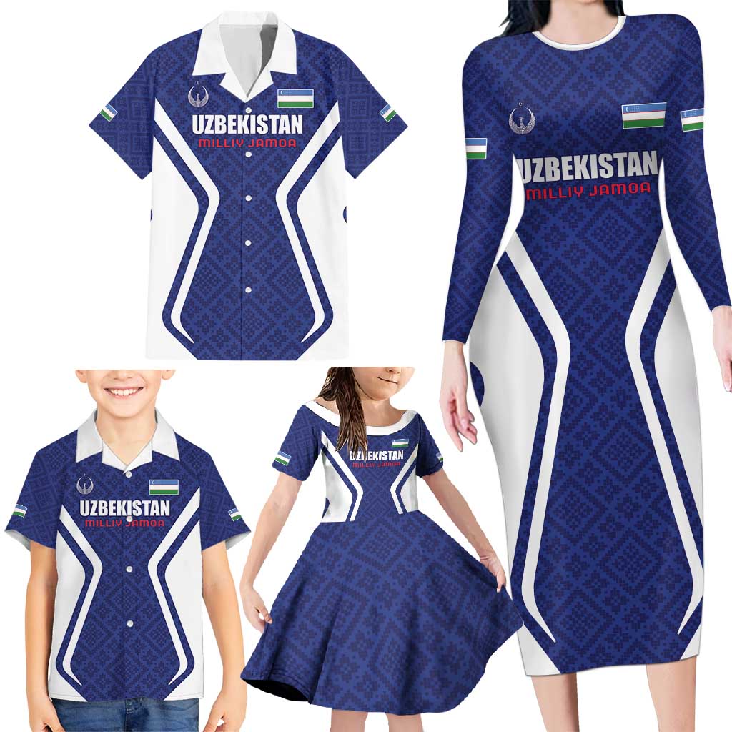 Custom Football Uzbekistan Family Matching Long Sleeve Bodycon Dress and Hawaiian Shirt Milliy Jamoa Blue Version - Wonder Print Shop