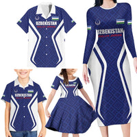 Custom Football Uzbekistan Family Matching Long Sleeve Bodycon Dress and Hawaiian Shirt Milliy Jamoa Blue Version - Wonder Print Shop